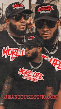 two men wearing hats and t - shirts with the words more life